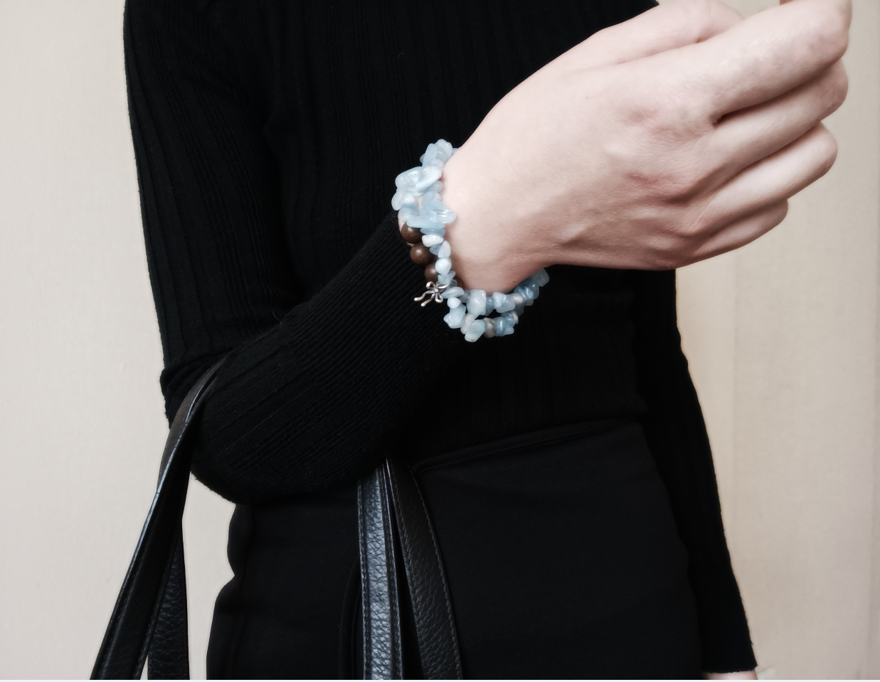 Double-wrap aquamarine bracelets with incense beads
