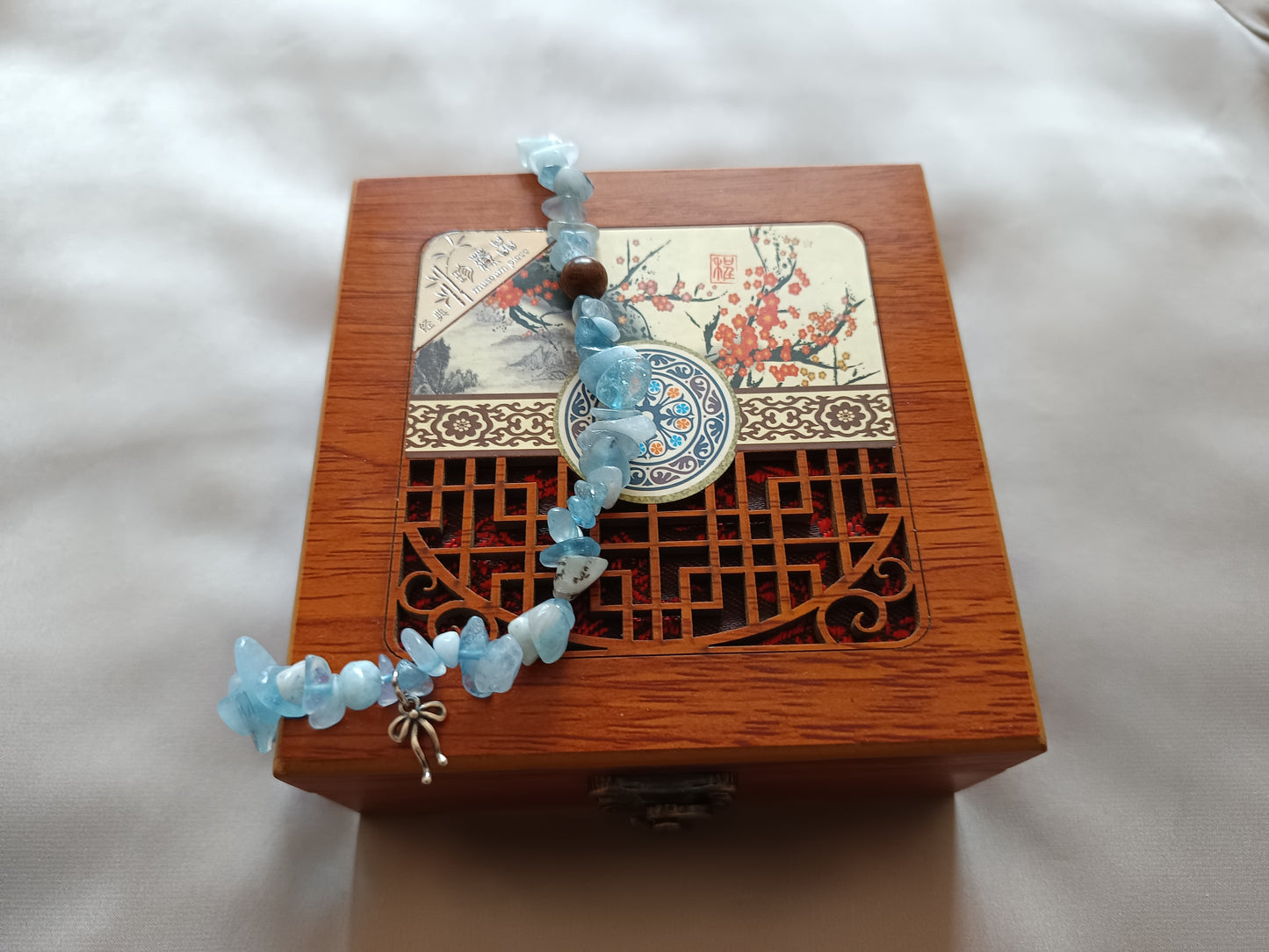 Aquamarine Double Wrap Bracelet with Herbal Incense Beads and Sterling Silver charm