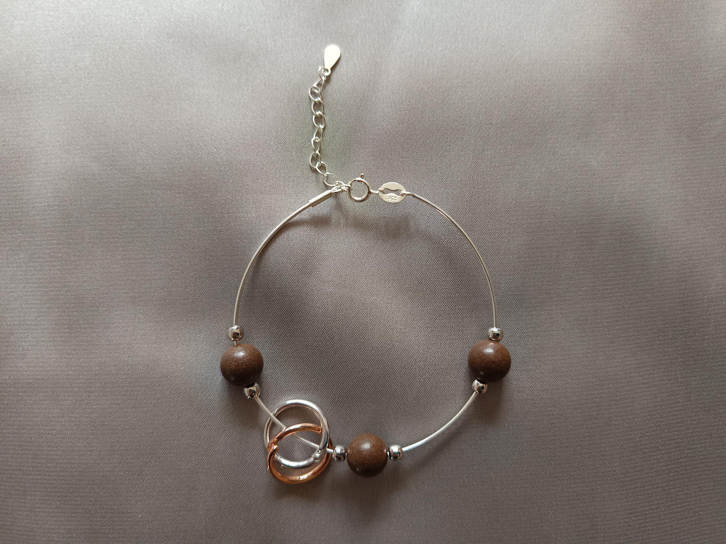 Customizable Embrace Sterling Silver Bangle Bracelet with Incense Beads and Linked Ring-Charms