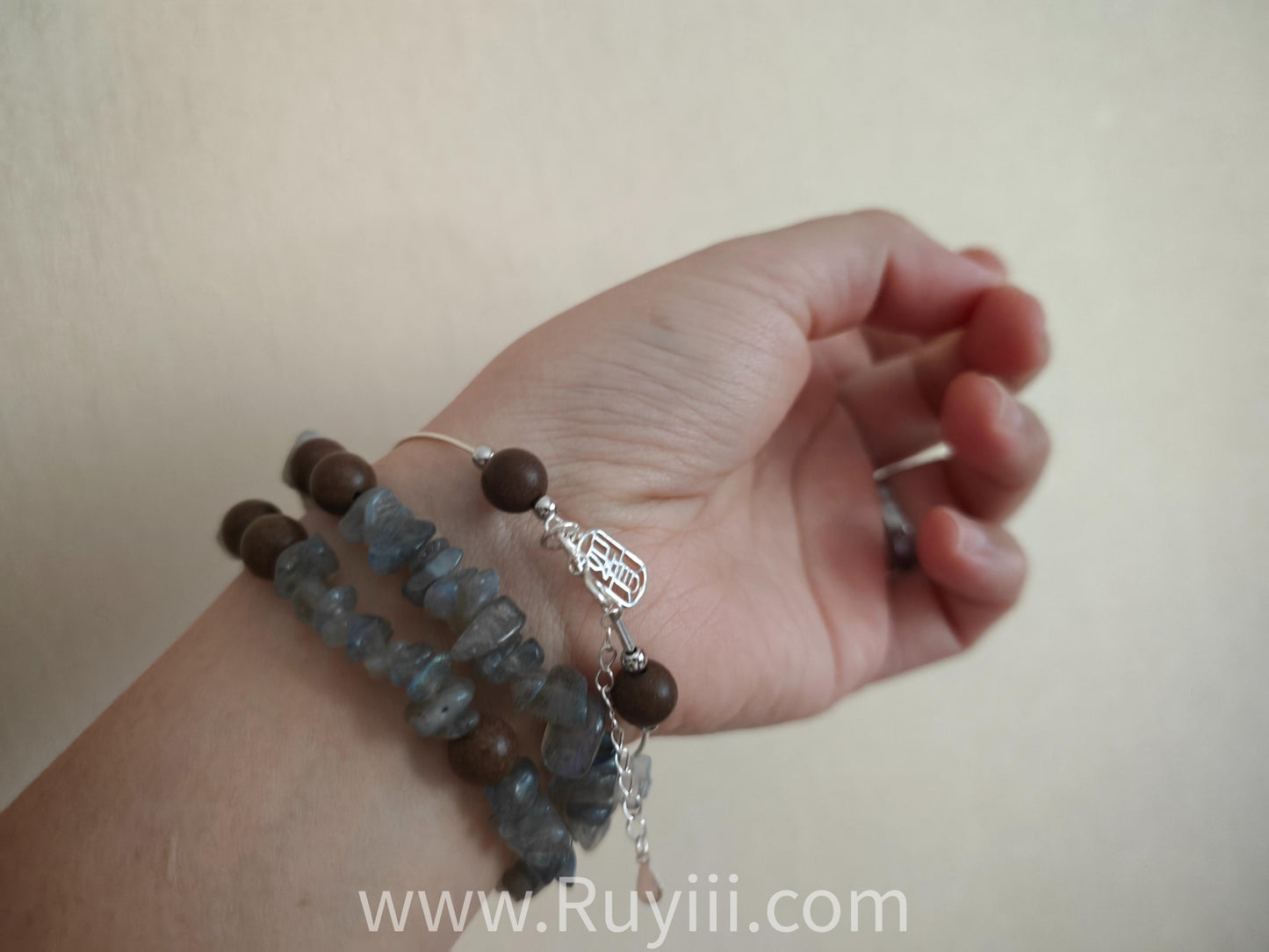 Grey & White Moonstone Herbal Aromatherapy Double Wrap Bracelet with S925 Silver Mantra Charm