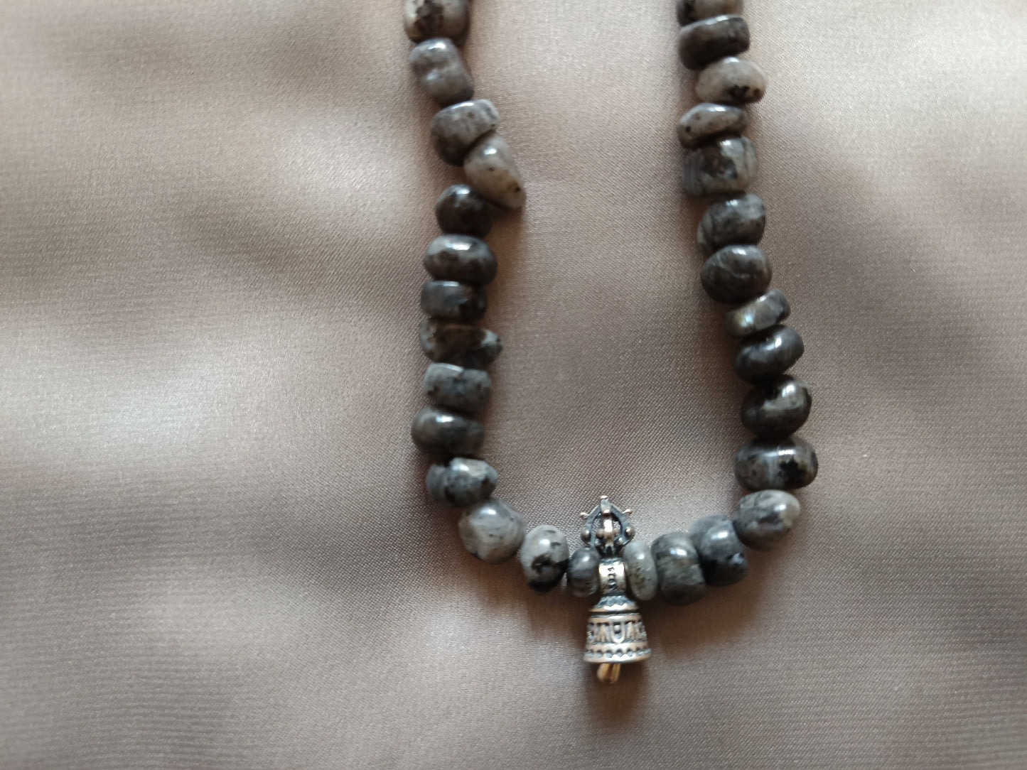 Labradorite double wrap bracelet with Dream Fairy Incense Beads and Sterling Silver lucky Bell Charm