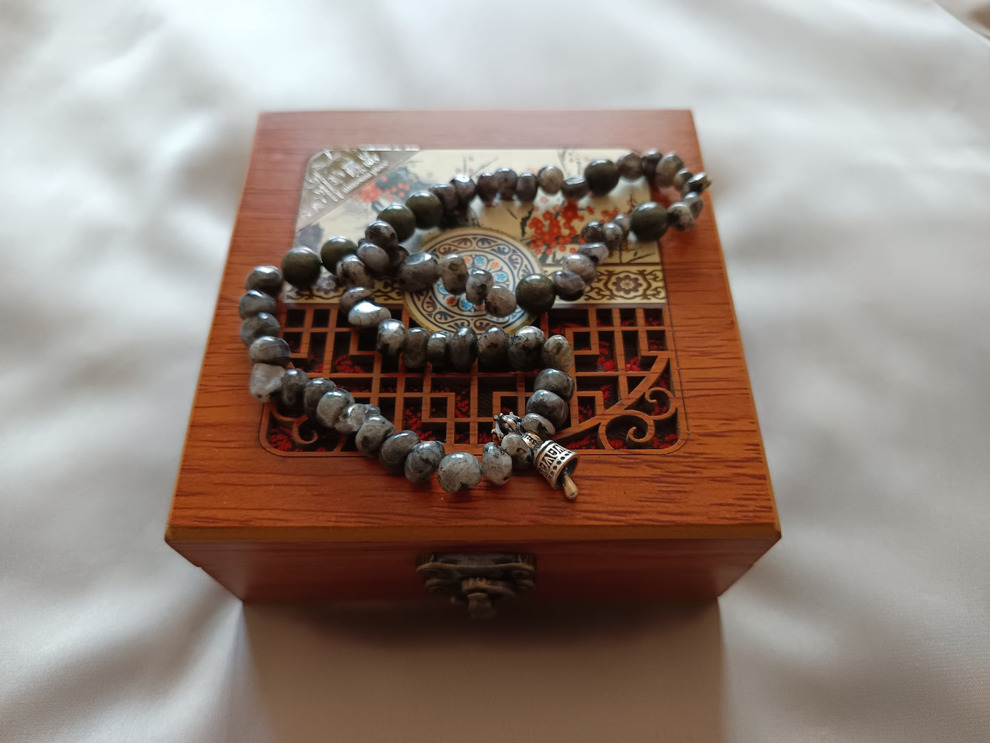 Labradorite double wrap bracelet with Dream Fairy Incense Beads and Sterling Silver lucky Bell Charm