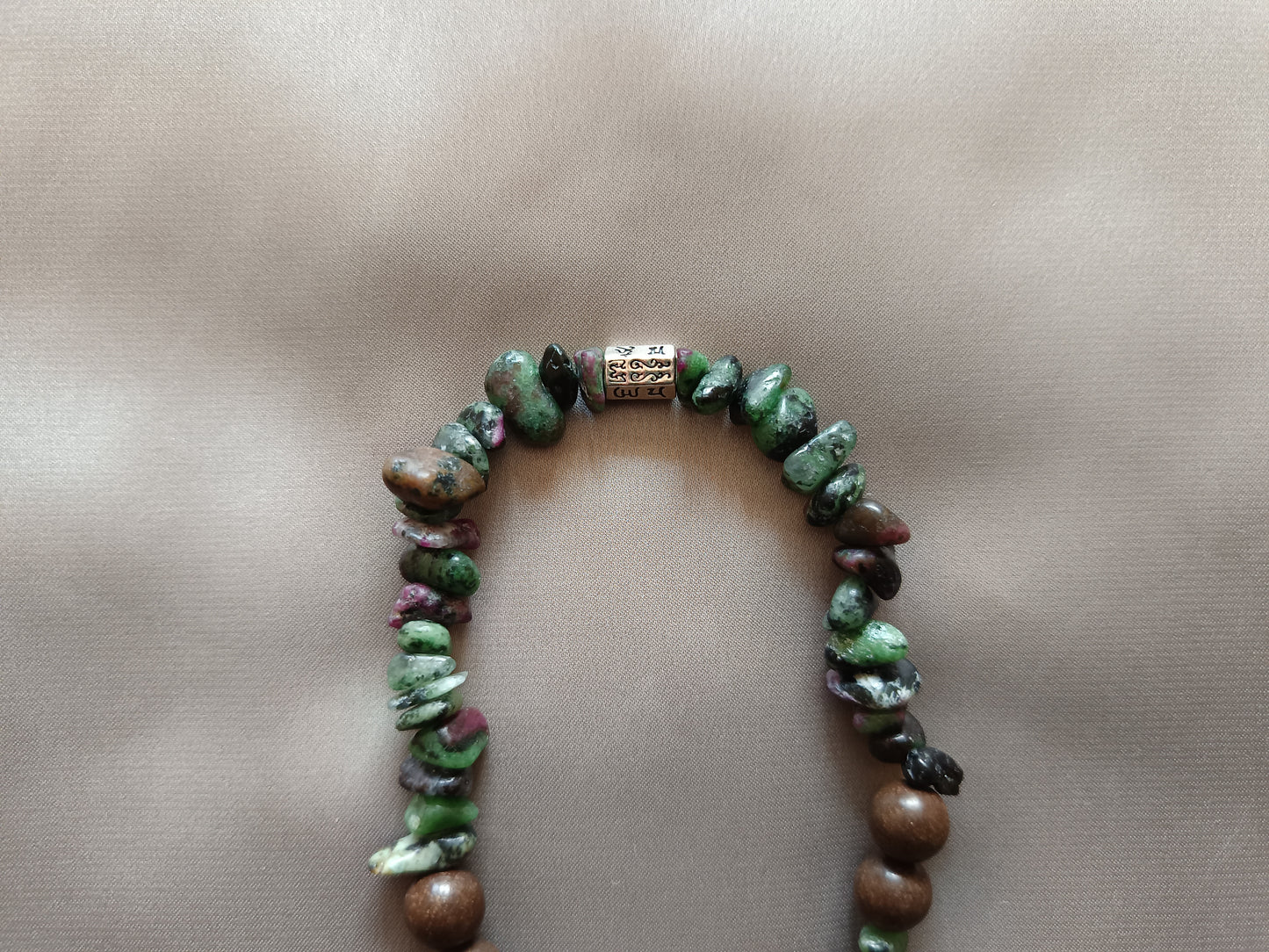 Ruby Zoisite Double Wrap Bracelet/Choker with Six-Character Mantra Sterling Silver Charm