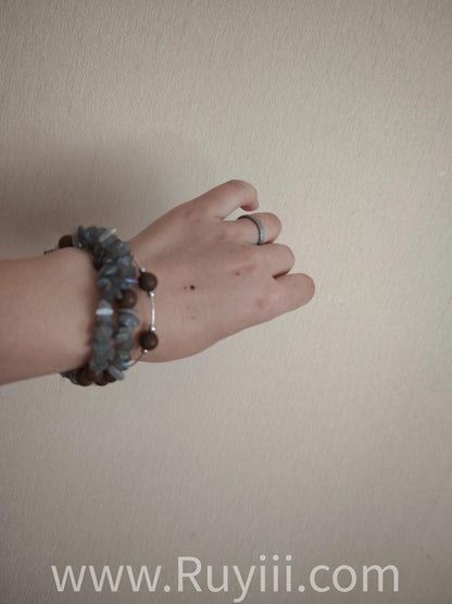 Grey & White Moonstone Herbal Aromatherapy Double Wrap Bracelet with S925 Silver Mantra Charm