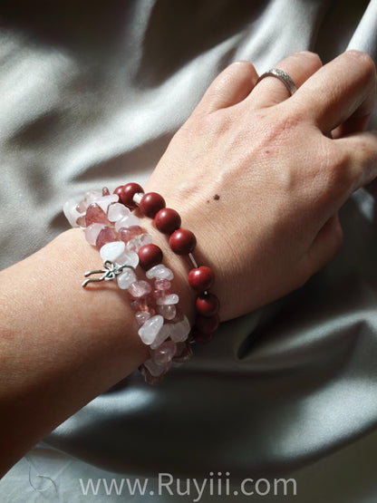 Strawberry & Rose Quartz Botanical Aromatherapy Double Wrap Bracelet Silver -Heaven & Earth Series