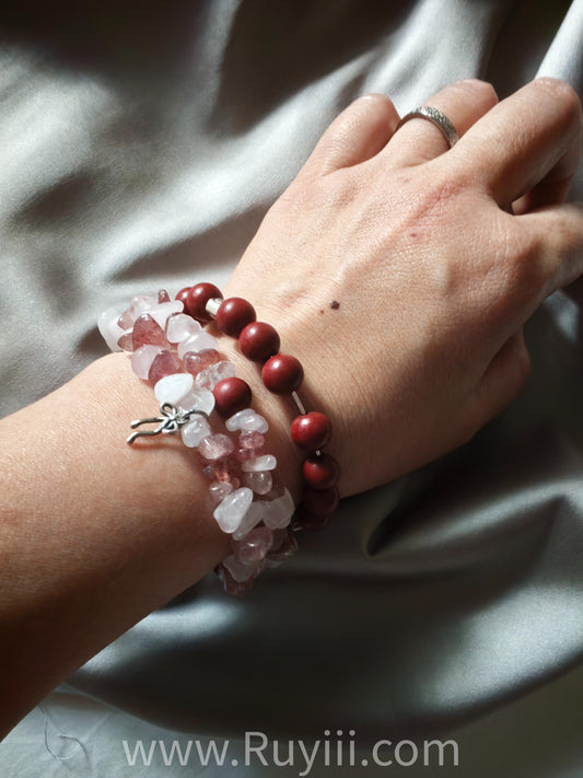 Strawberry & Rose Quartz Botanical Aromatherapy Double Wrap Bracelet Silver -Heaven & Earth Series