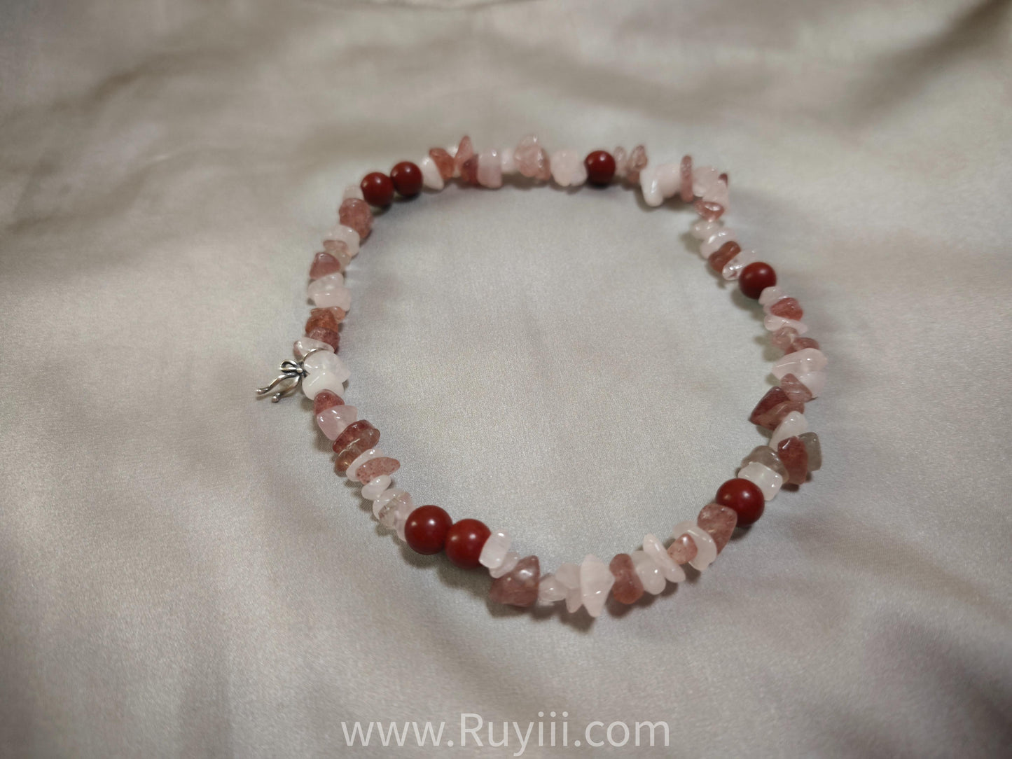 Strawberry & Rose Quartz Botanical Aromatherapy Double Wrap Bracelet Silver -Heaven & Earth Series