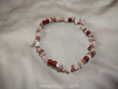 Strawberry & Rose Quartz Botanical Aromatherapy Double Wrap Bracelet Silver -Heaven & Earth Series