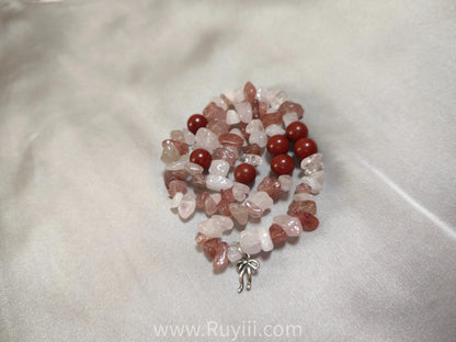 Strawberry & Rose Quartz Botanical Aromatherapy Double Wrap Bracelet Silver -Heaven & Earth Series
