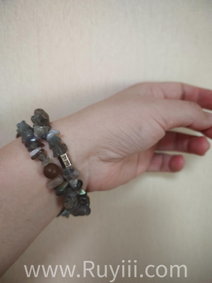 Grey & White Moonstone Herbal Aromatherapy Double Wrap Bracelet with S925 Silver Mantra Charm