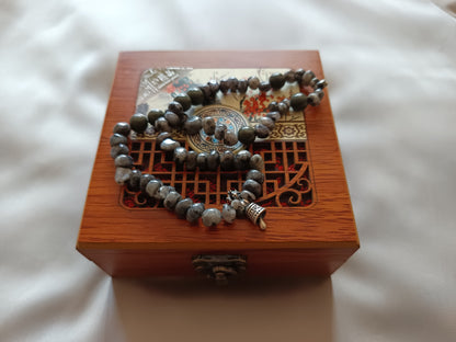 Labradorite double wrap bracelet with Dream Fairy Incense Beads and Sterling Silver lucky Bell Charm
